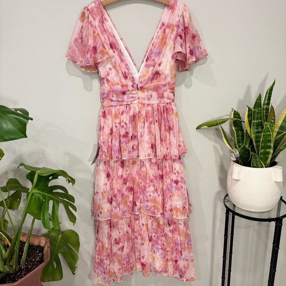 Lulus | Nalia Pink Abstract Print Tiered Tie-Back Midi Dress | Size XS - Picture 3 of 7